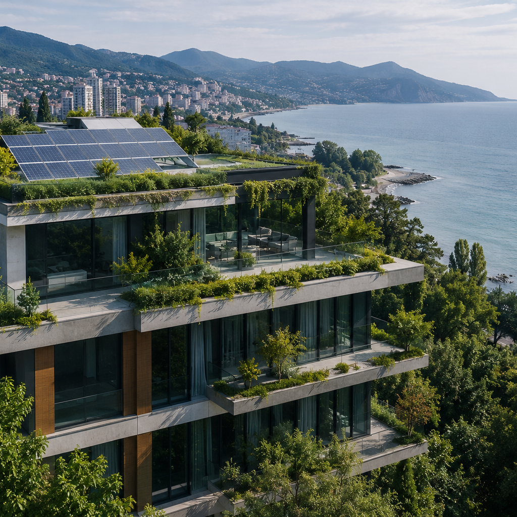 Güneş panelleri ve yeşil çatı ile sürdürülebilir tasarlanmış, Karadeniz kıyısına bakan modern bina - EÖÇ Mimarlık