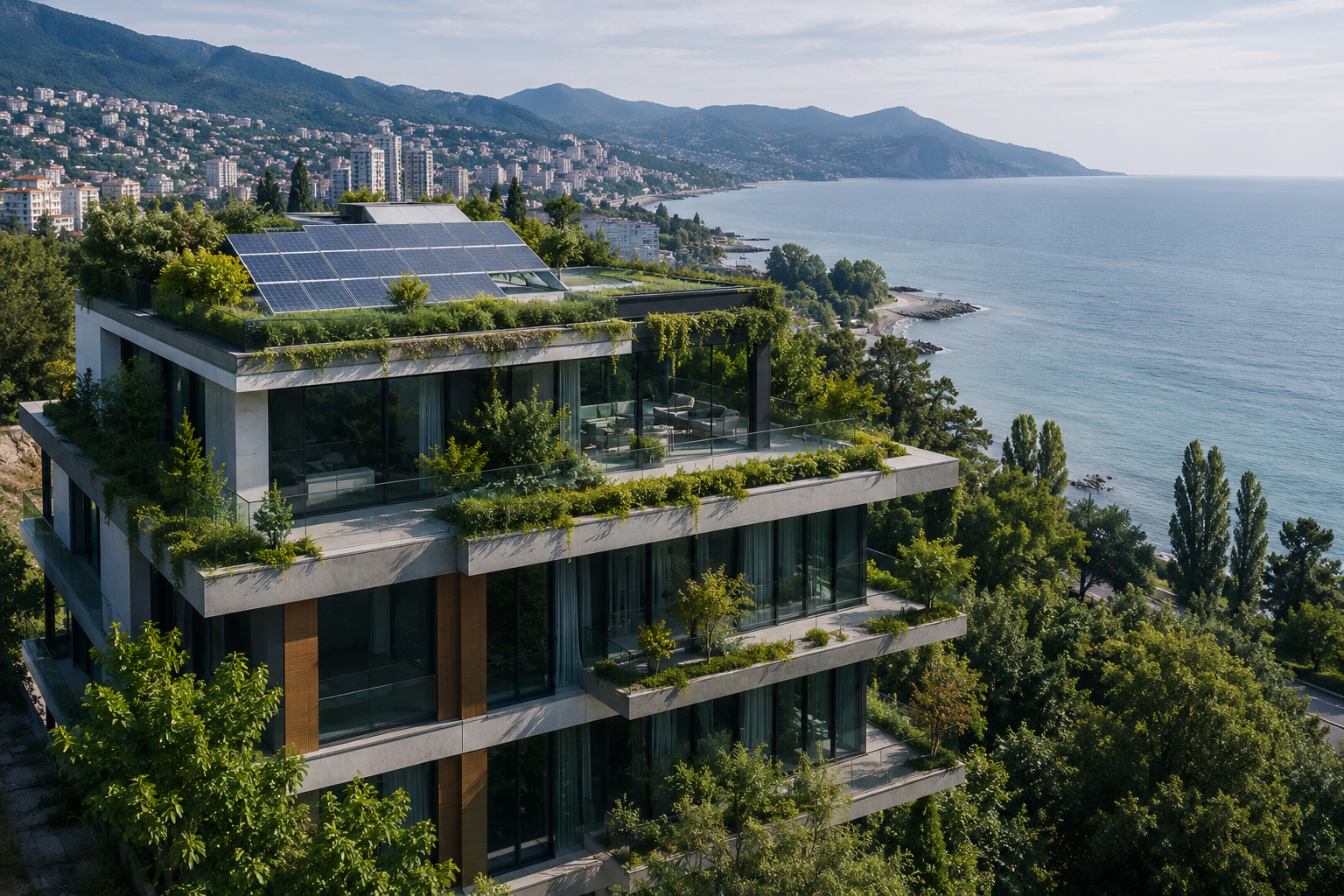 Güneş panelleri ve yeşil çatı ile sürdürülebilir tasarlanmış, Karadeniz kıyısına bakan modern bina - EÖÇ Mimarlık