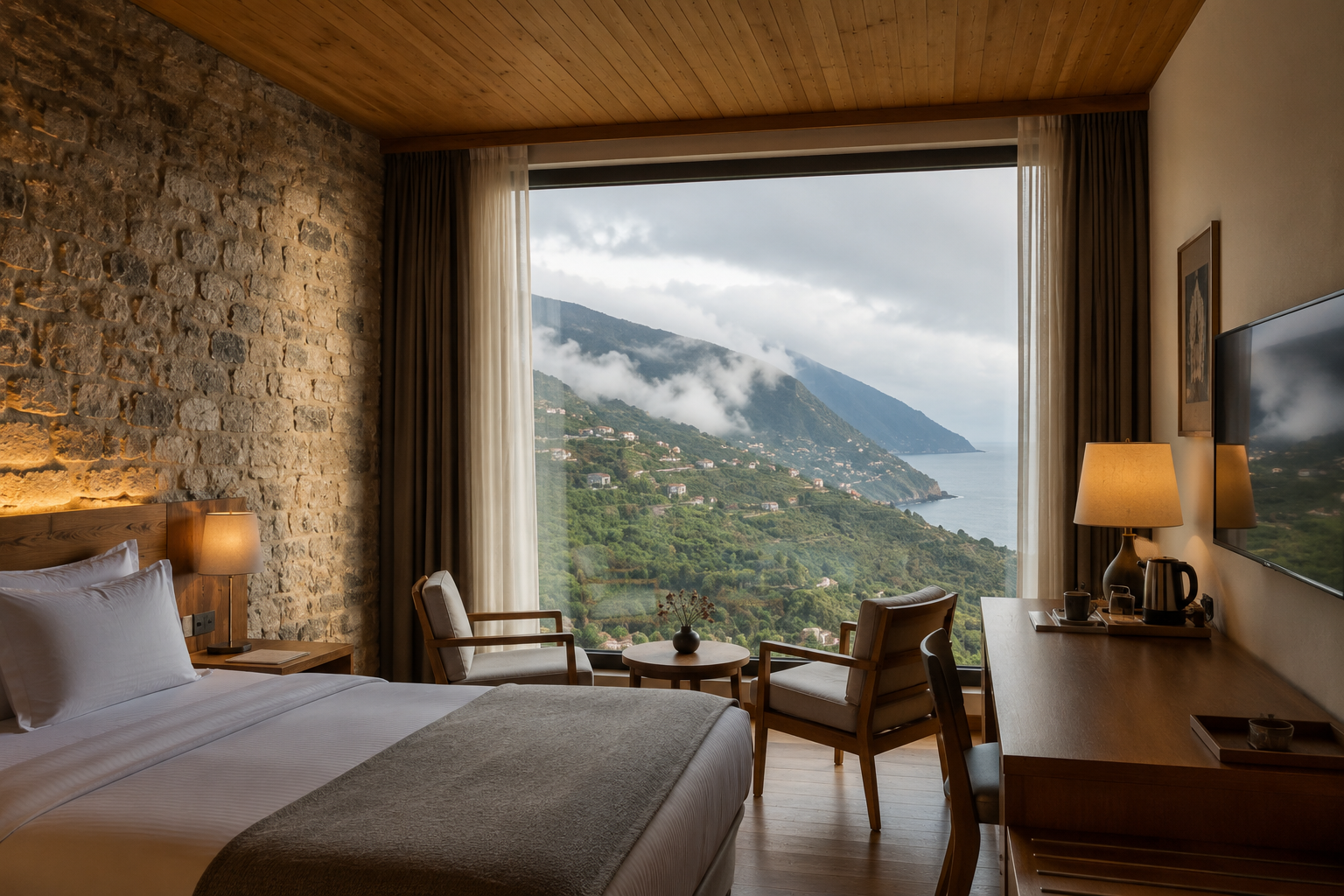 Taş duvar ve panoramik deniz manzaralı butik otel odası - EÖÇ Mimarlık