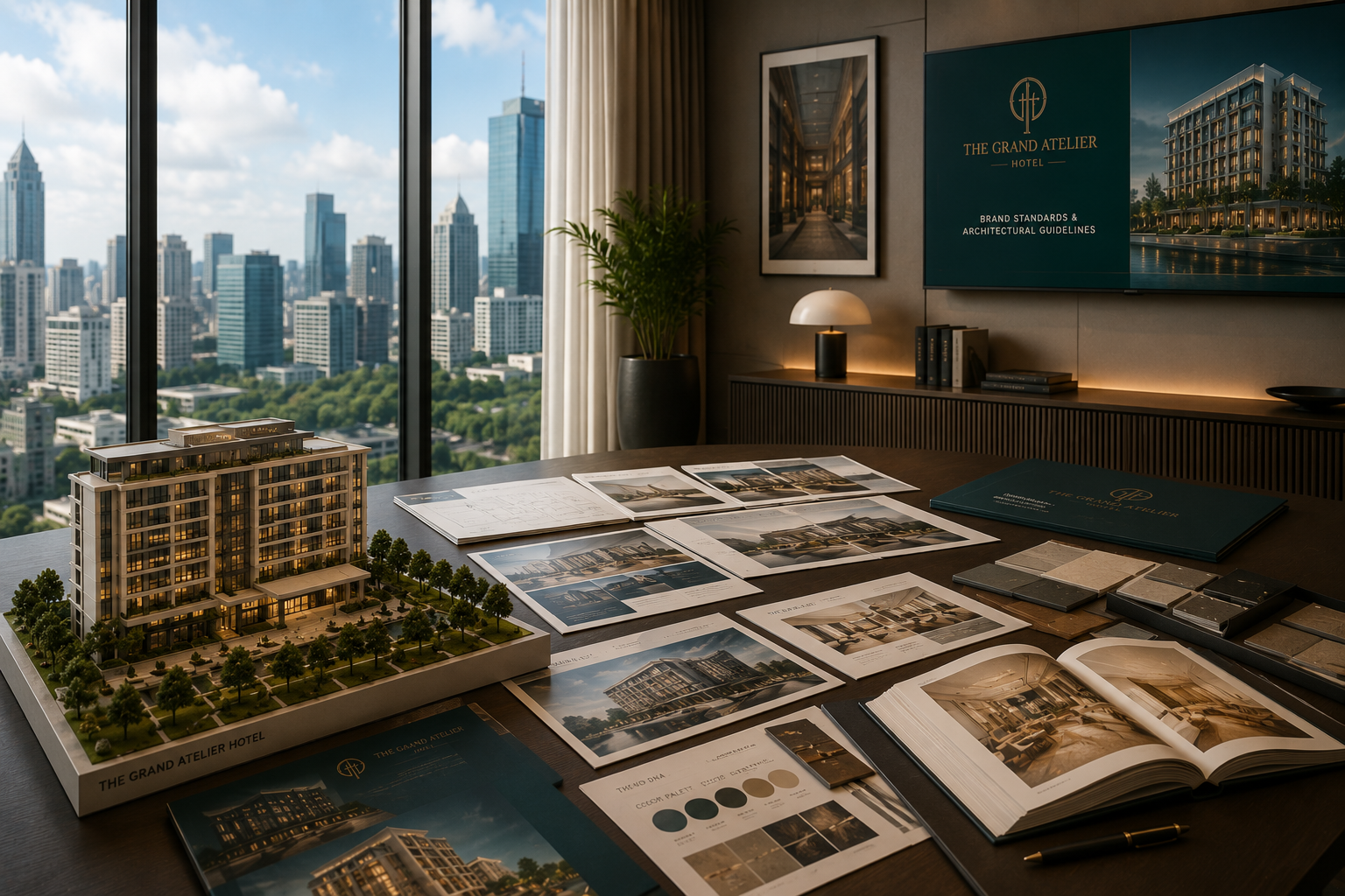 Otel marka standartları ve mimari kılavuz sunum masası, maket ve moodboard - EÖÇ Mimarlık