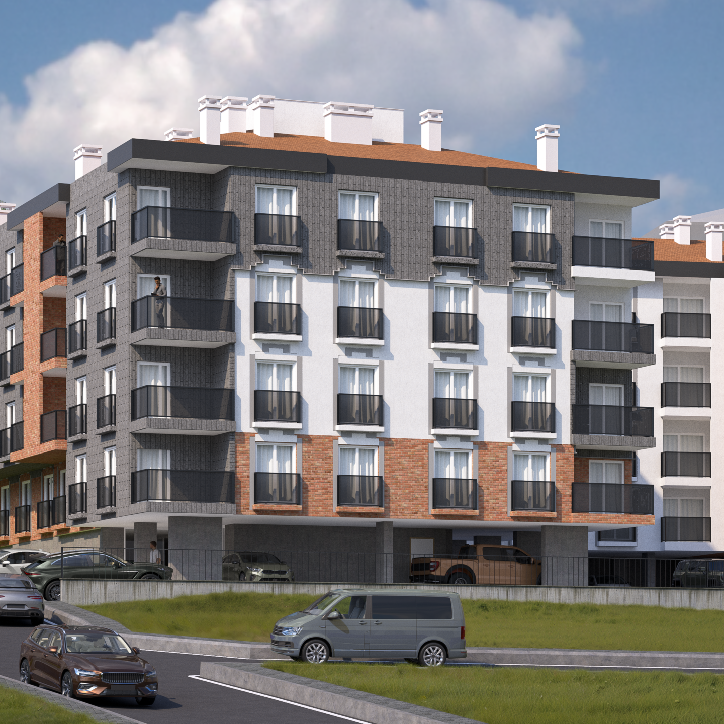 Ural Residence Trabzon konut projesi dış cephe render g&ouml;r&uuml;n&uuml;m&uuml;, doğal malzeme ve tuğla dokulu cephe - E&Ouml;&Ccedil; Mimarlık