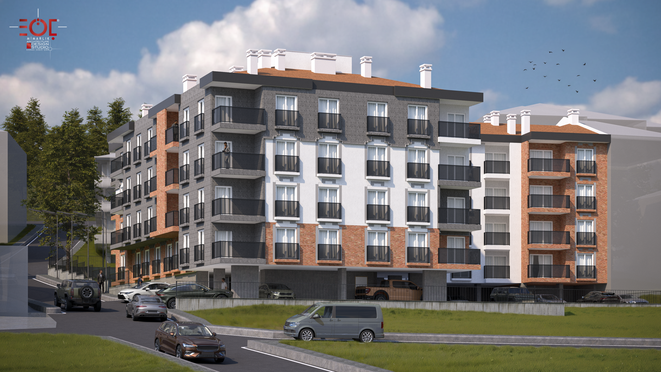Ural Residence Trabzon konut projesi dış cephe render görünümü, doğal malzeme ve tuğla dokulu cephe - EÖÇ Mimarlık