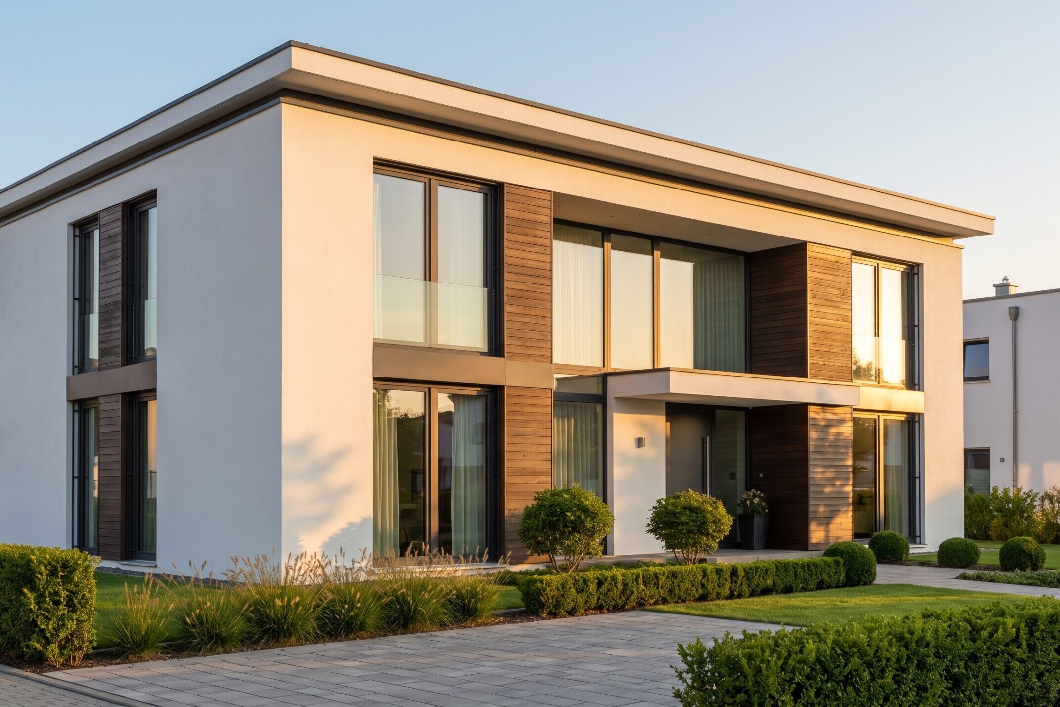Tamamlanmฤฑล modern villa dฤฑล cephesi, tabelasฤฑz temiz gรถrรผnรผm, anahtar teslim inลaat projesi