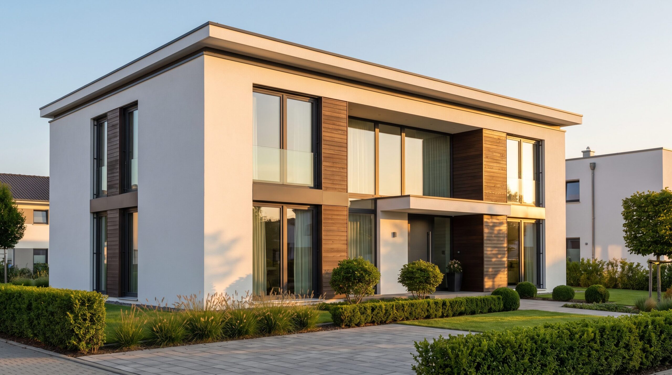 Tamamlanmış modern villa dış cephesi, tabelasız temiz görünüm, anahtar teslim inşaat projesi