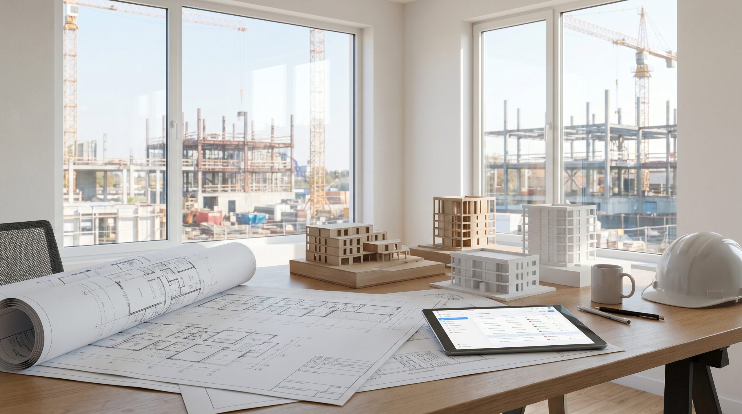 Mimari proje yönetimi ofisinde plan ve 3 boyutlu model çalışması