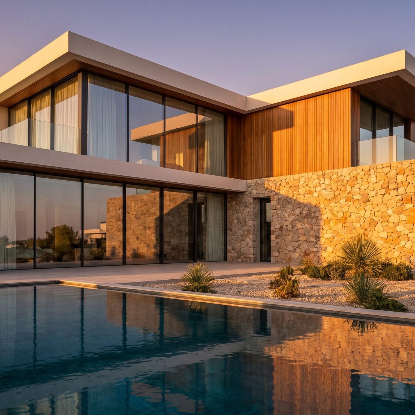 Gün batımında modern lüks villa, havuz ve cam cepheli mimari (AI ile üretilmiş temsili görsel)