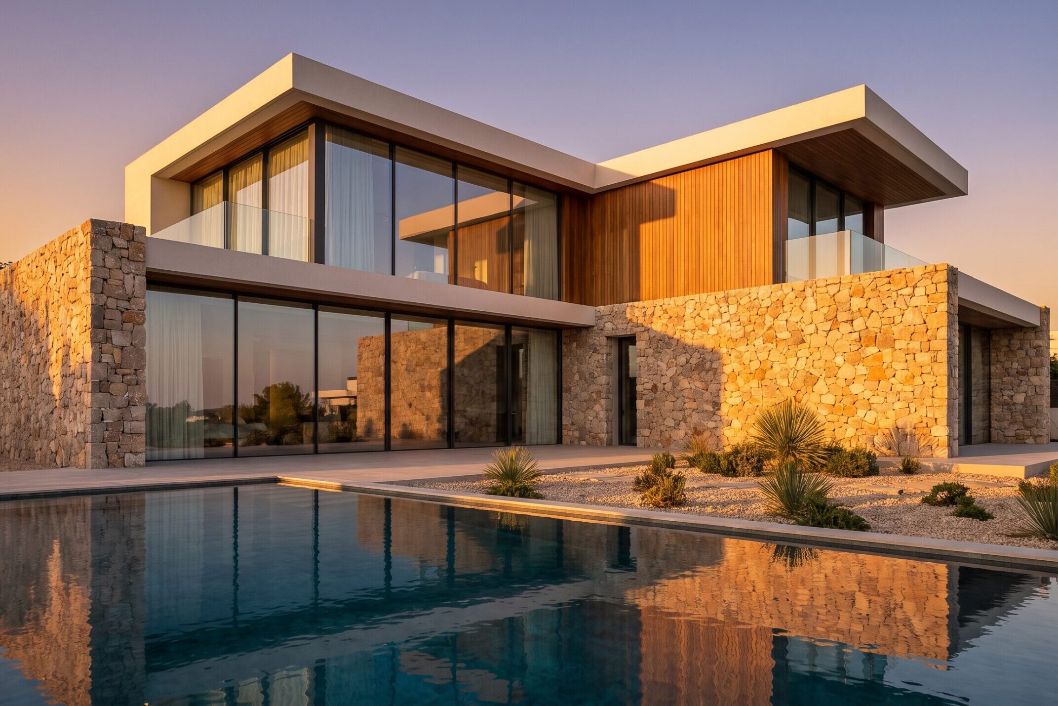 Gün batımında modern lüks villa, havuz ve cam cepheli mimari (AI ile üretilmiş temsili görsel)