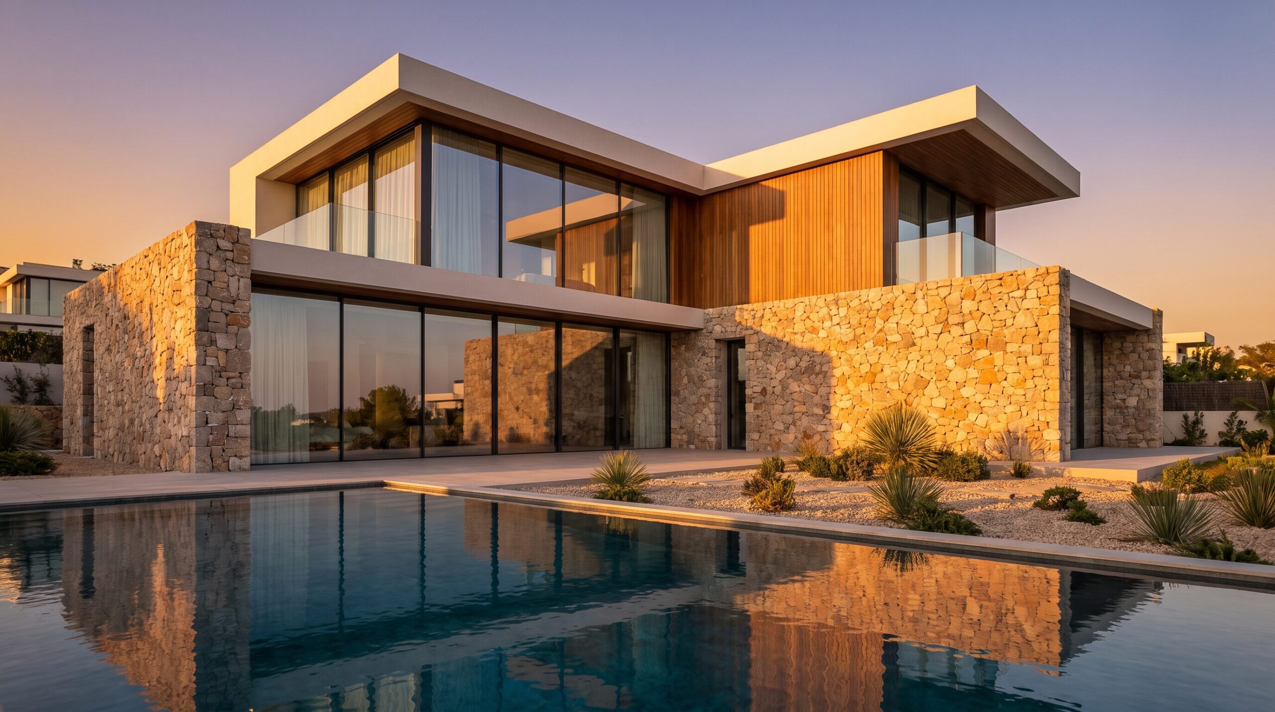 Gรผn batฤฑmฤฑnda modern lรผks villa, havuz ve cam cepheli mimari (AI ile รผretilmiล temsili gรถrsel)