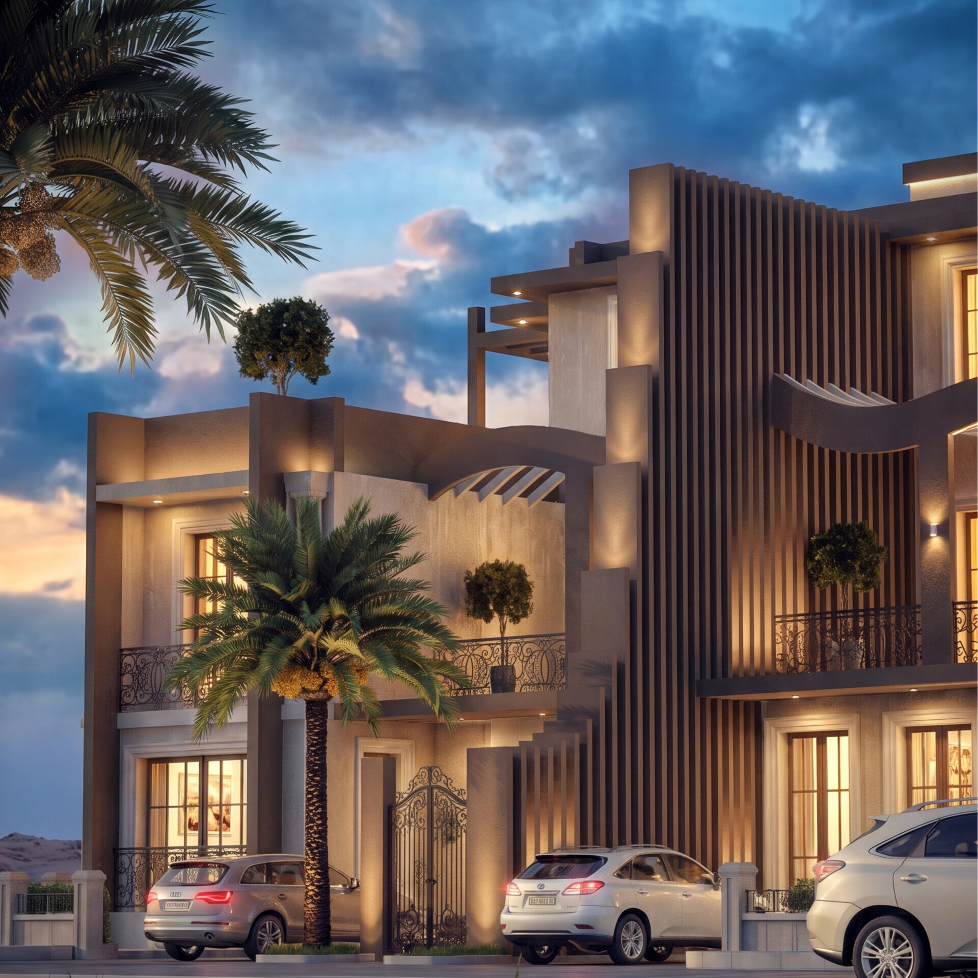 Mass City Erbil villa projesi akşam aydınlatmalı dış cephe görünümü - EÖÇ Mimarlık