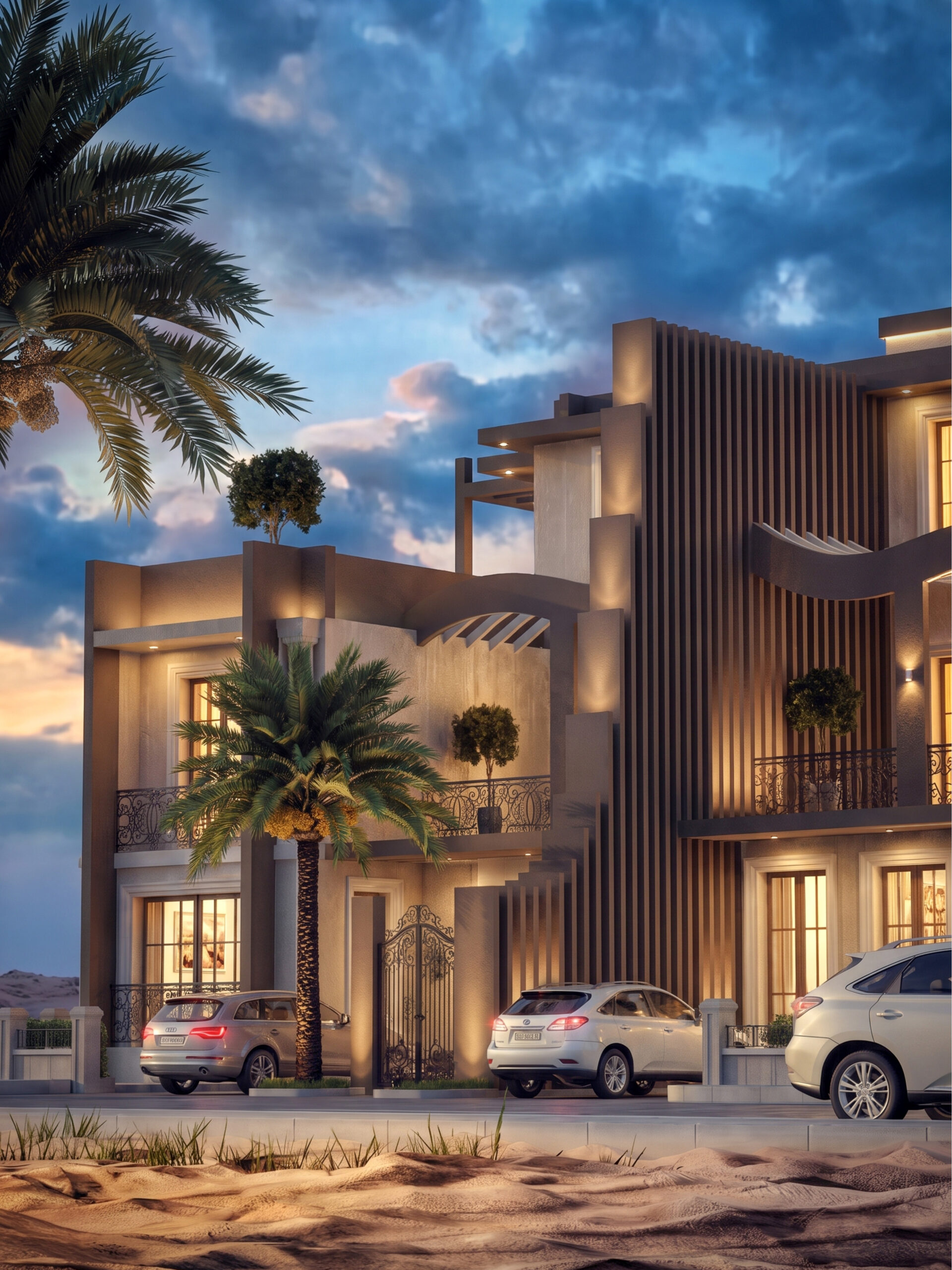 Mass City Erbil villa projesi akşam aydınlatmalı dış cephe görünümü - EÖÇ Mimarlık