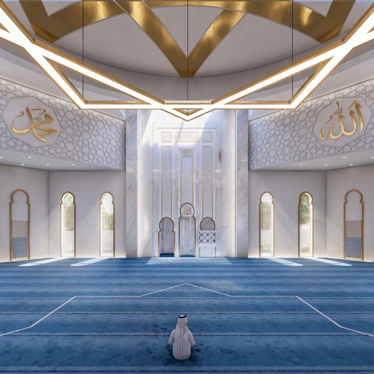 Al Ghanim Camii Kuveyt projesi namaz salonu iç mekân görünümü - EÖÇ Mimarlık