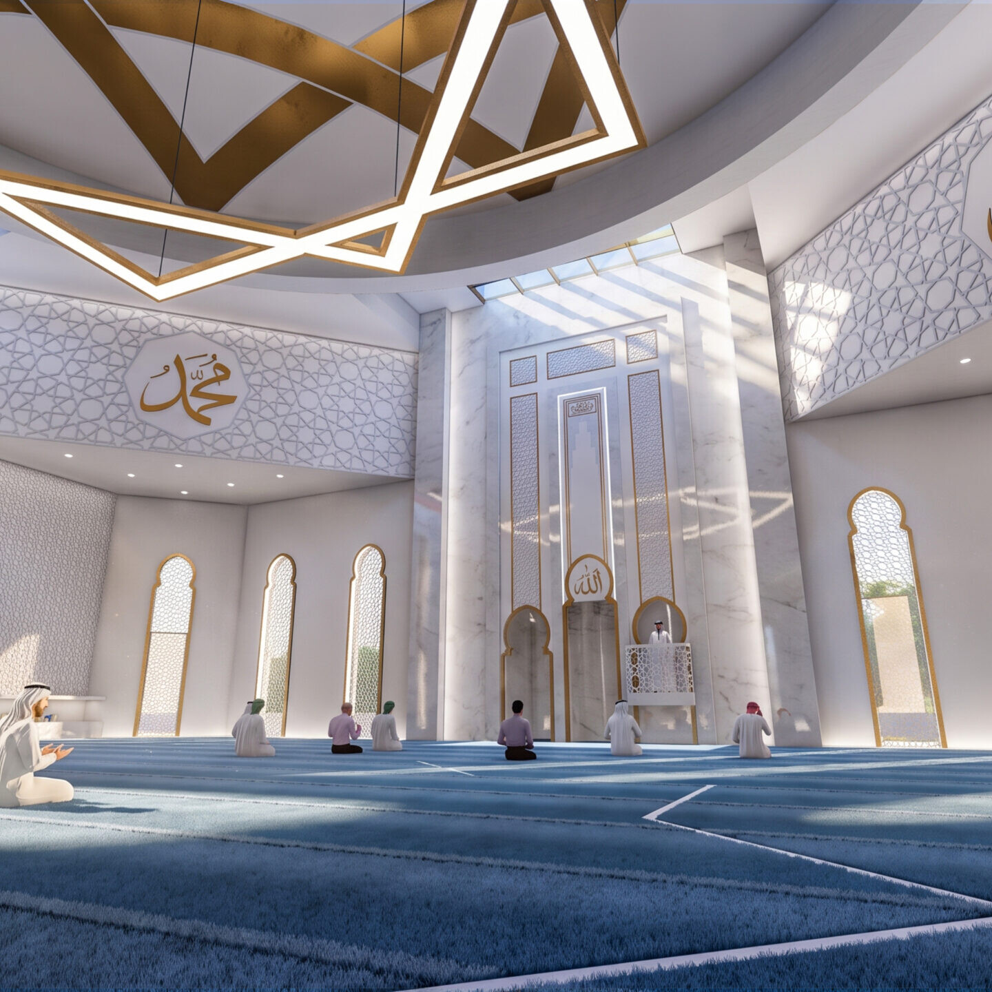 Al Ghanim Camii Kuveyt projesi mihrap ve namaz salonu iç mekân görünümü - EÖÇ Mimarlık