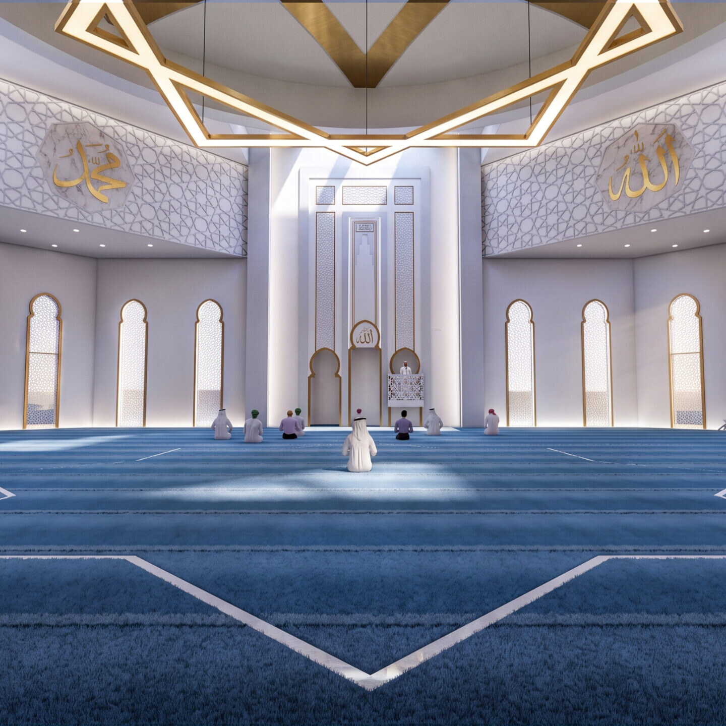 Al Ghanim Camii Kuveyt projesi tavan aydınlatma ve iç mekân detay görünümü - EÖÇ Mimarlık