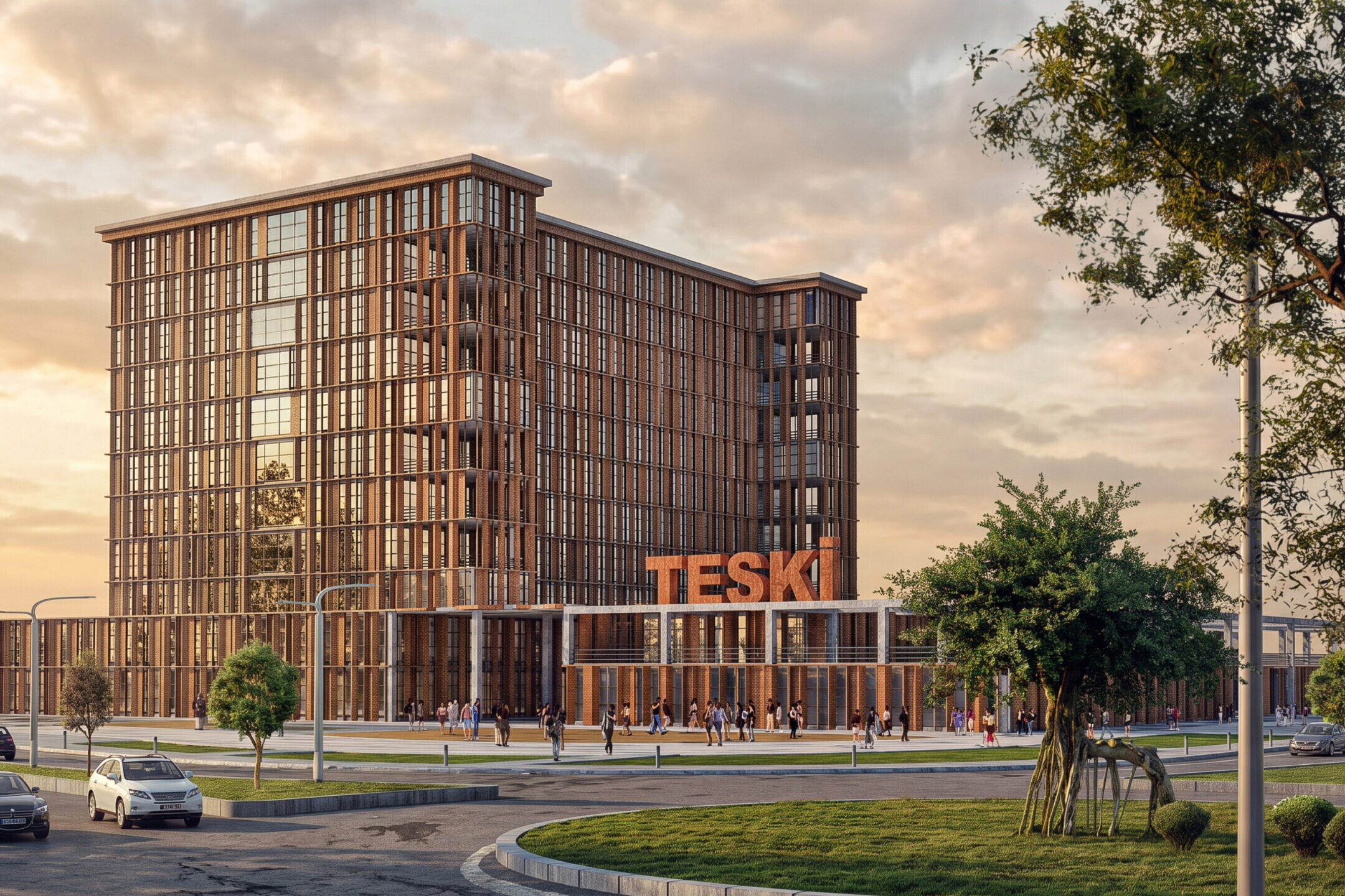 TESKİ Hizmet Binası projesi TESKİ tabelalı ana giriş cephesi, g&uuml;n batımı g&ouml;r&uuml;n&uuml;m&uuml; - E&Ouml;&Ccedil; Mimarlık