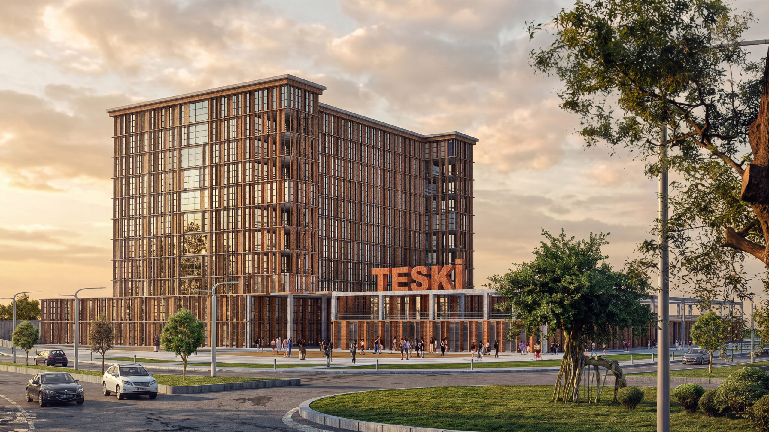 TESKİ Hizmet Binası projesi TESKİ tabelalı ana giriş cephesi, gün batımı görünümü - EÖÇ Mimarlık