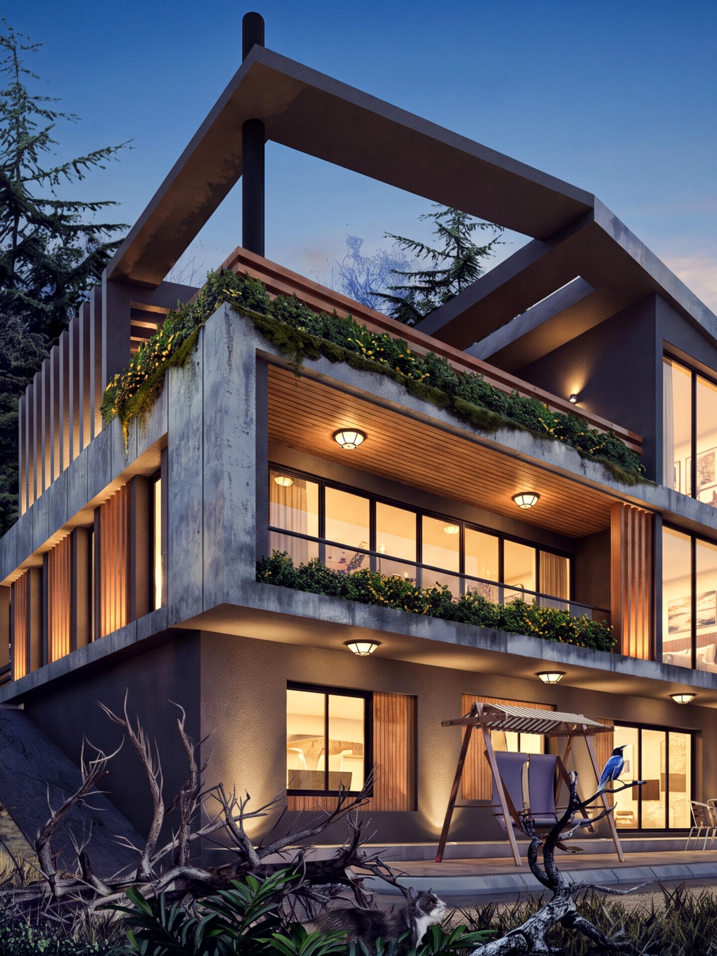 Villa Vogue Trabzon villa projesi akşam aydınlatmalı dış cephe görünümü - EÖÇ Mimarlık