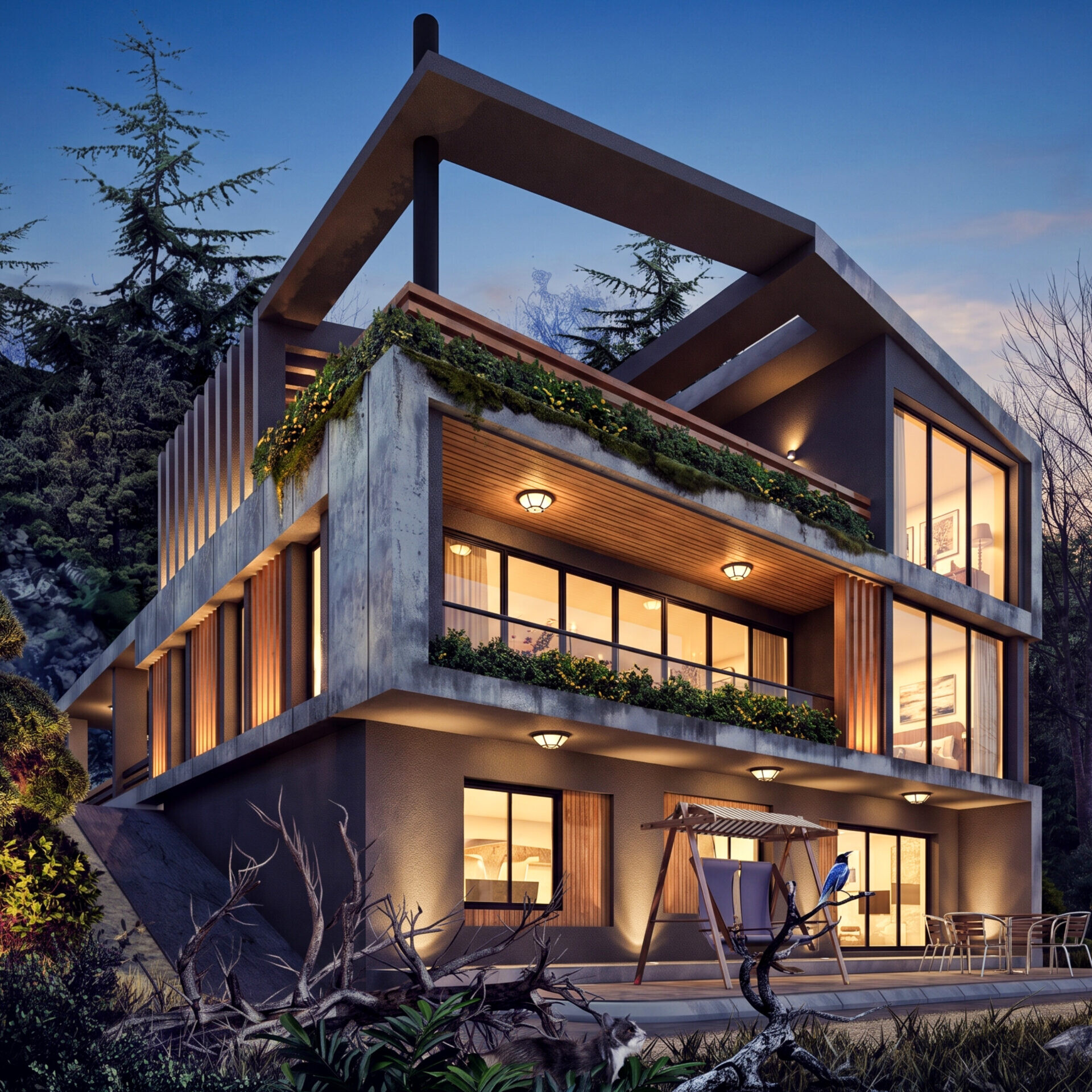 Villa Vogue Trabzon villa projesi akşam aydınlatmalı dış cephe görünümü - EÖÇ Mimarlık
