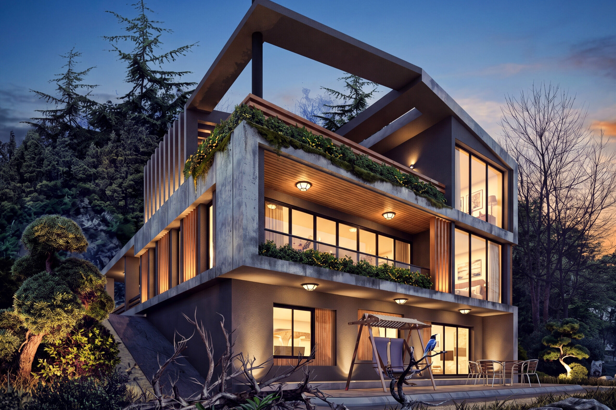 Villa Vogue Trabzon villa projesi akşam aydınlatmalı dış cephe görünümü - EÖÇ Mimarlık
