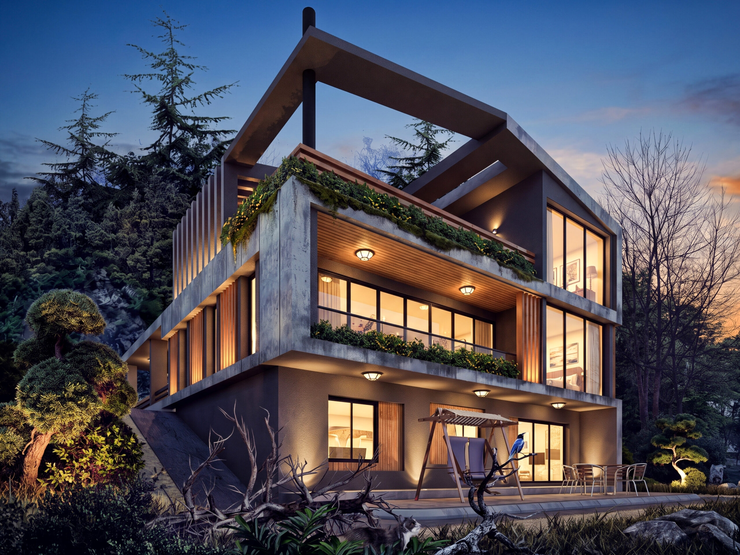 Villa Vogue Trabzon villa projesi akşam aydınlatmalı dış cephe görünümü - EÖÇ Mimarlık