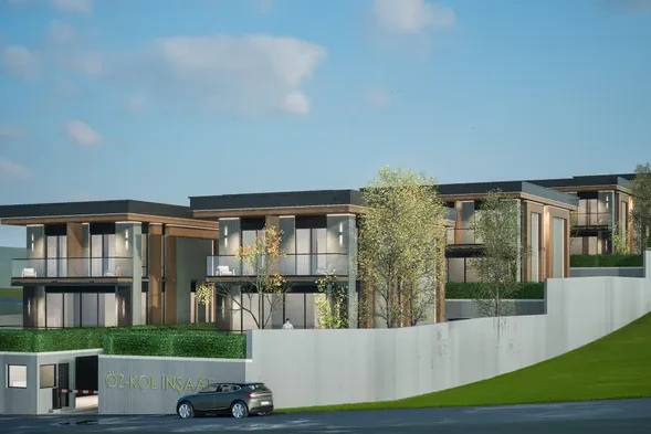 Villa projesi toplu dış cephe görünümü, teraslanmış arazi üzerinde çok üniteli modern villa yerleşimi - EÖÇ Mimarlık