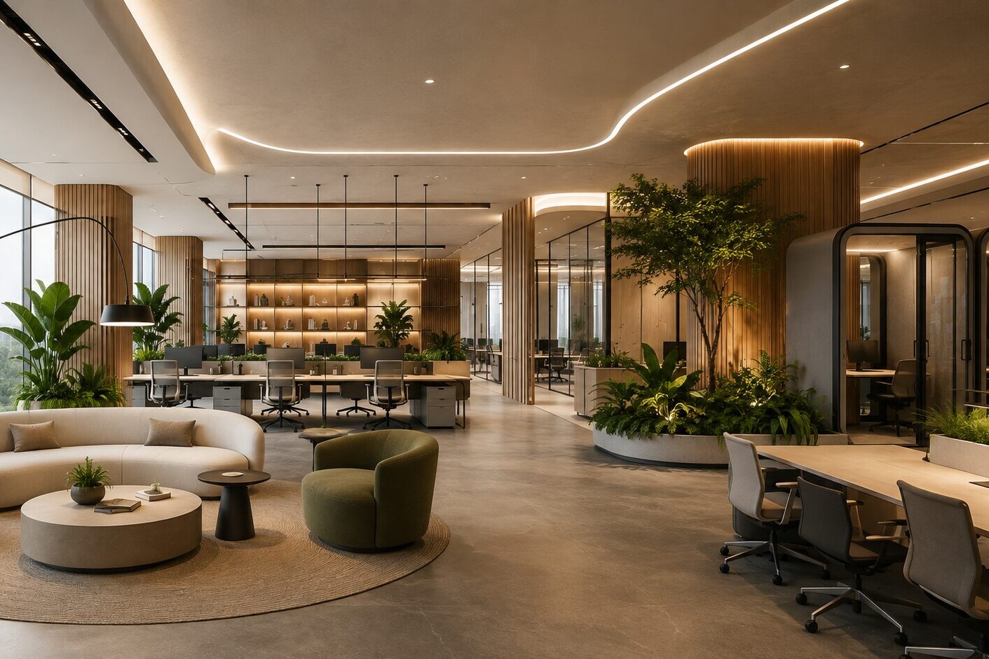 Sıcak aydınlatmalı, bitkilerle donatılmış modern ofis lounge alanı - 2026 ofis tasarımı trendleri