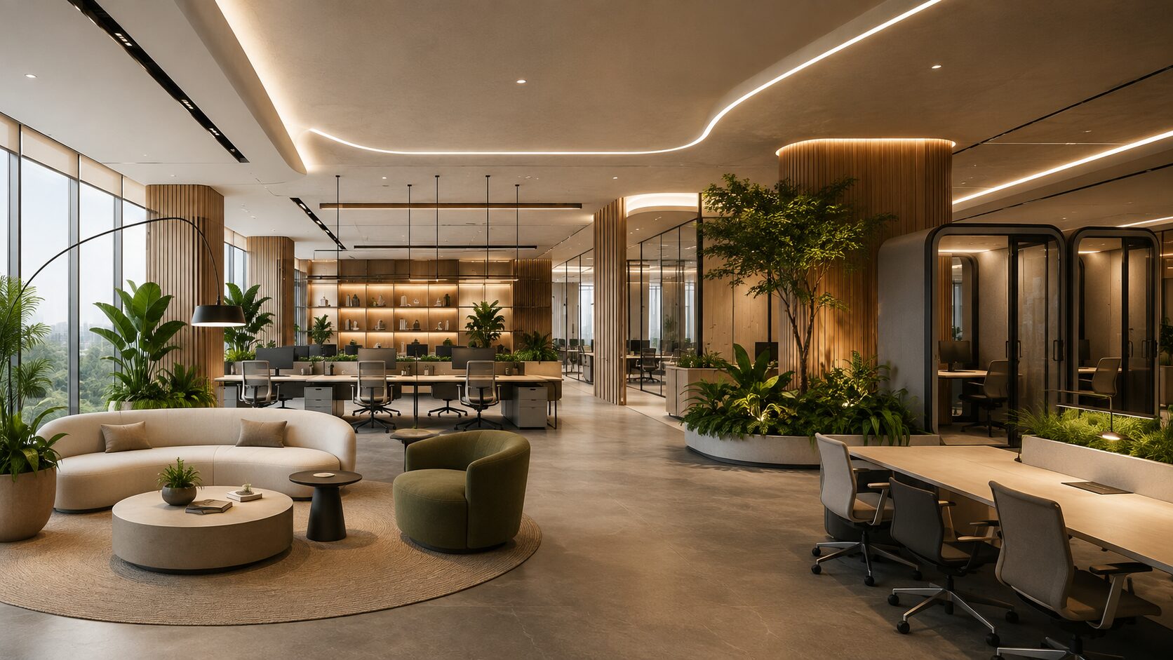 Sıcak aydınlatmalı, bitkilerle donatılmış modern ofis lounge alanı - 2026 ofis tasarımı trendleri