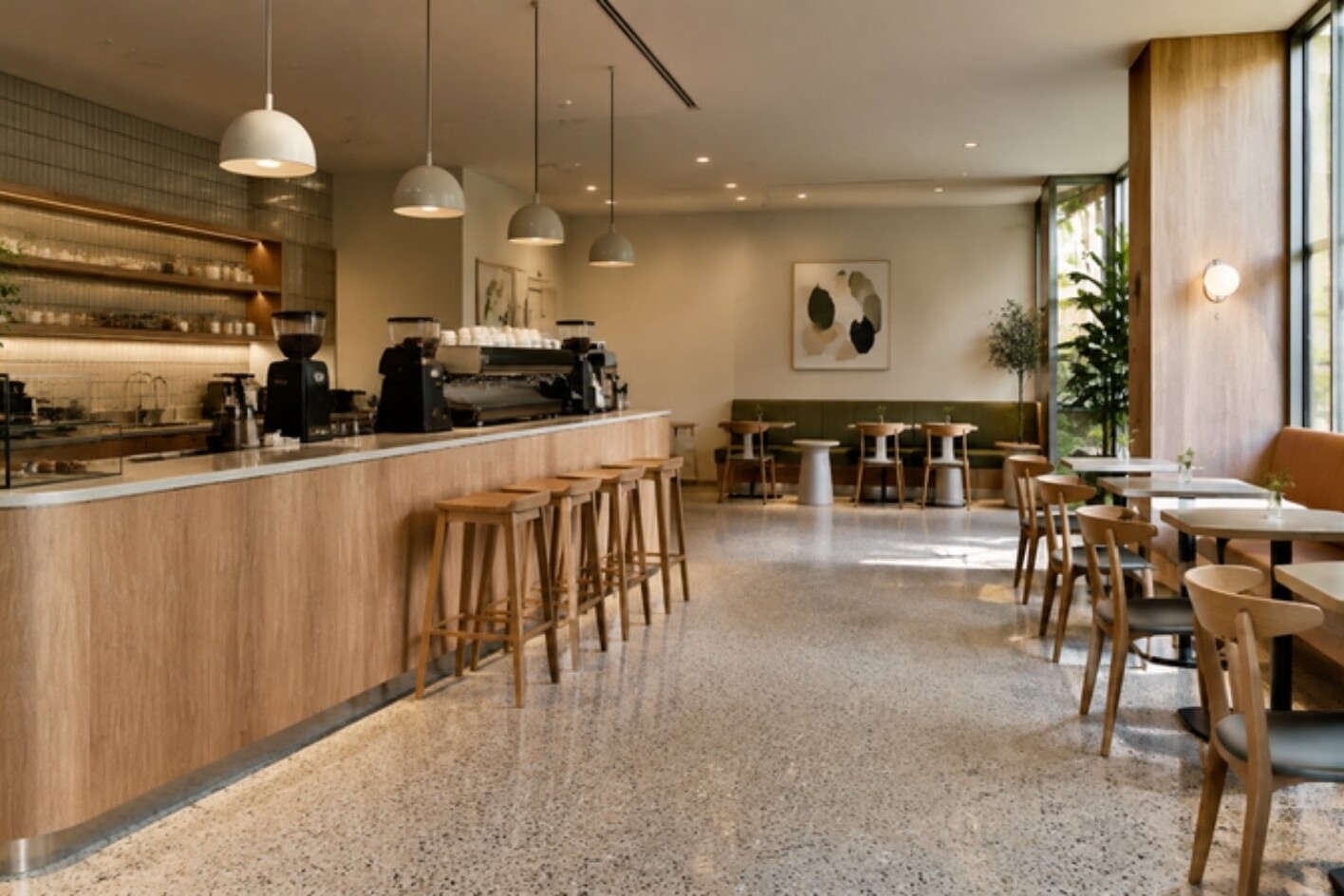 Kafe tasarımında ahşap bar tezgâhı, sarkıt aydınlatma ve pencere kenarı oturma düzeni