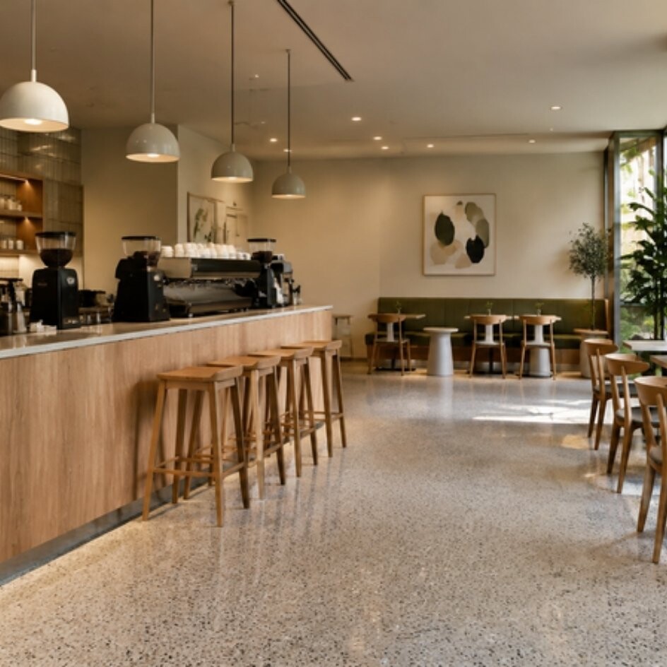 Kafe tasarฤฑmฤฑnda ahลap bar tezgรขhฤฑ, sarkฤฑt aydฤฑnlatma ve pencere kenarฤฑ oturma dรผzeni