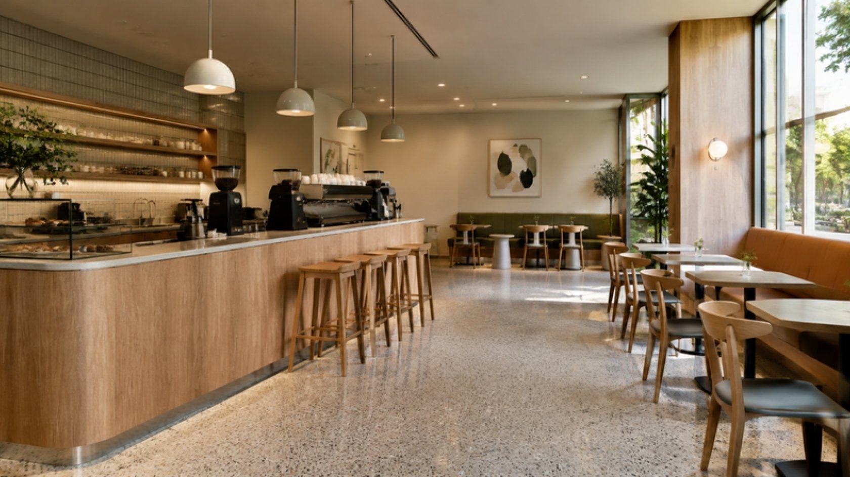 Kafe tasarımında ahşap bar tezgâhı, sarkıt aydınlatma ve pencere kenarı oturma düzeni